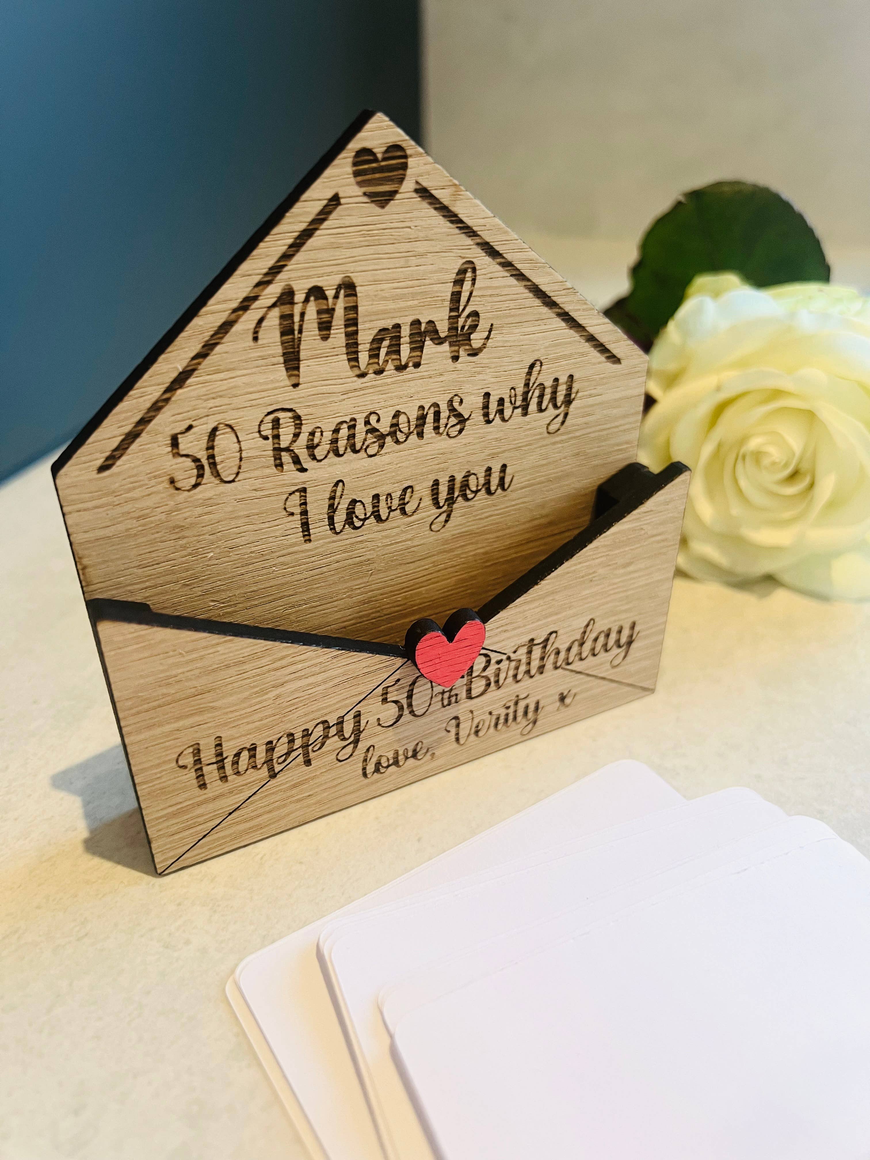 Personalised 50th Birthday Gift - Reasons Why I Love You Box - Custom Engraved Wooden Tokens for Him or Her